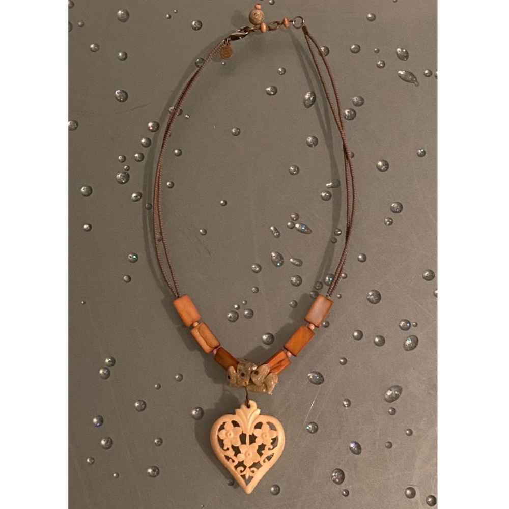 DAVID AUBREY Signed Boho Heart of Natural Stone w/Double Beaded Necklace 16”